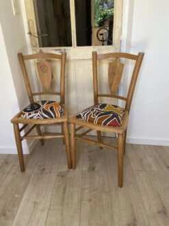 Set Of 2 Old Renovated Wooden Chairs With Coral Leaves Wax Style Fabric Seat
