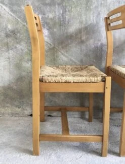 Set Of 4 Straw Chairs In Light Wood - Design 1970