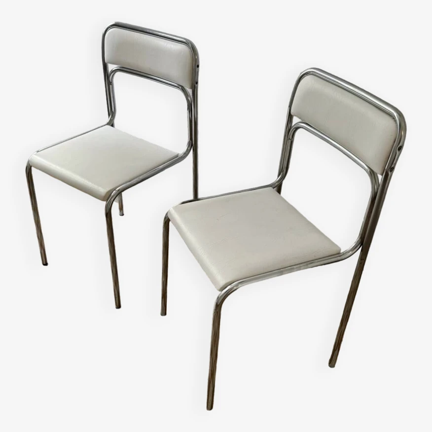 White Skaï Tubular Design Chairs From The 70s (X2) - Image 2