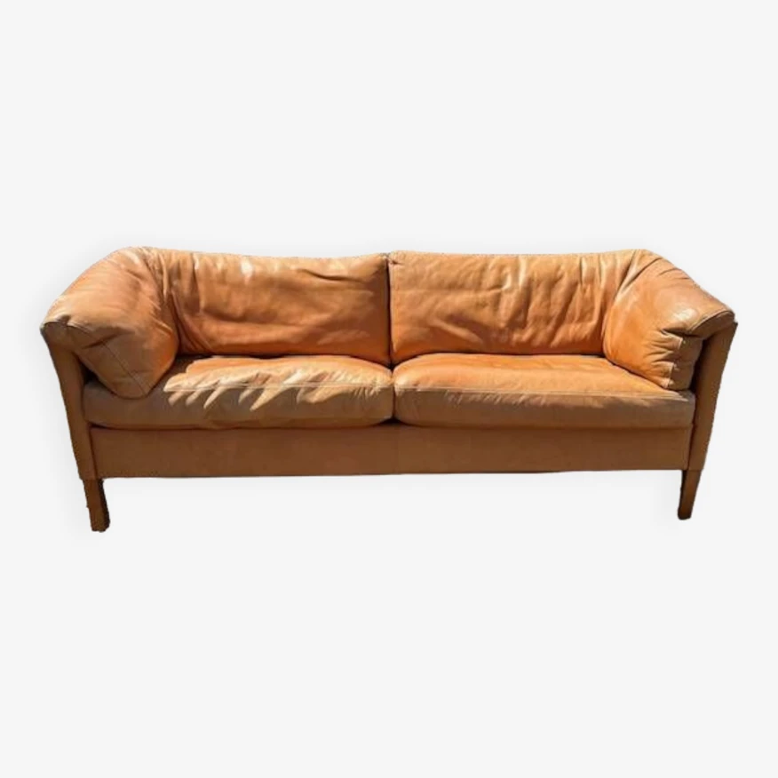 Danish Vintage 2 And A Half Seater Cognac Leather Sofa 1970s - Image 9